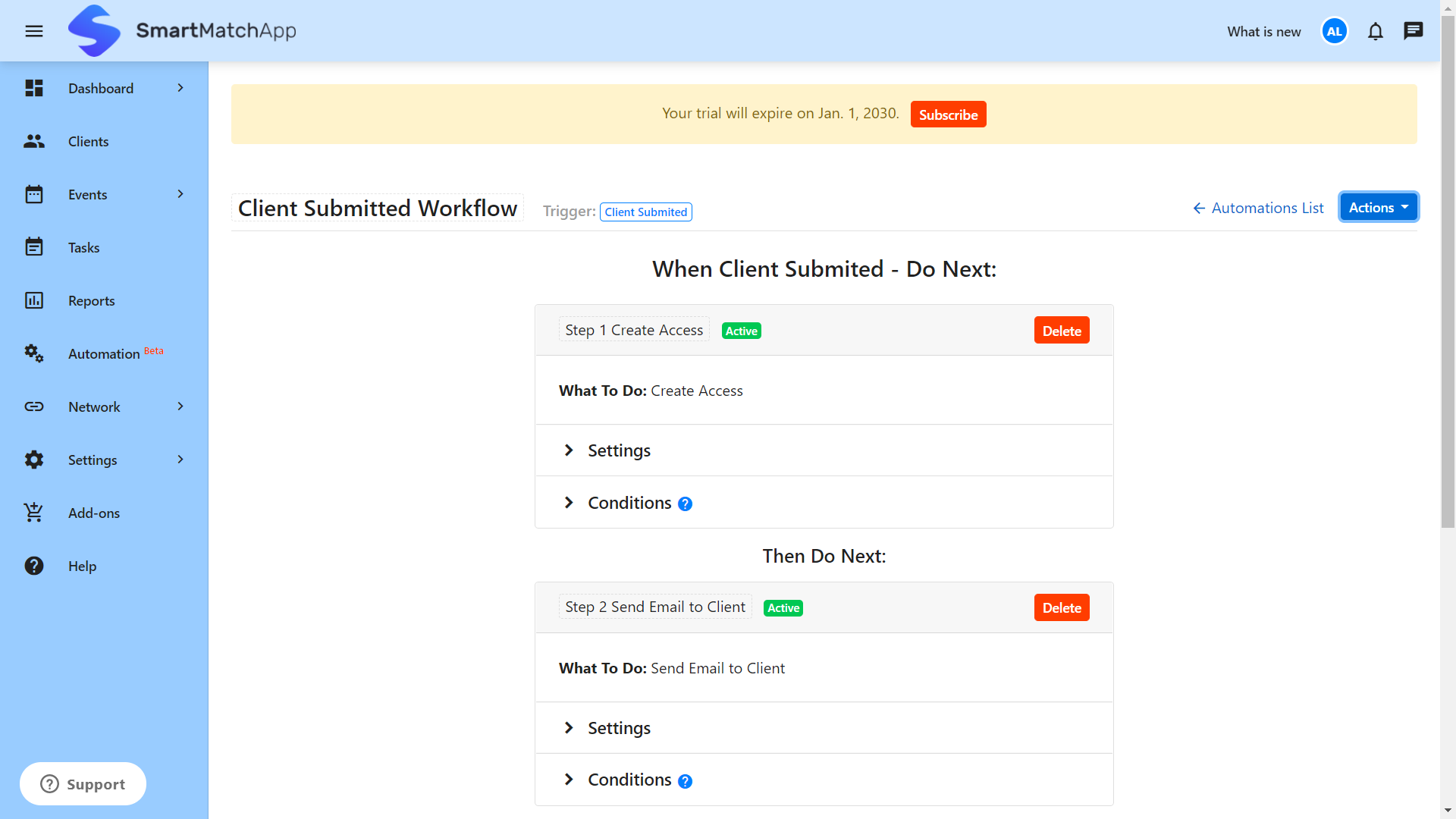 Smart automation interface with a setup actions chain screenshot