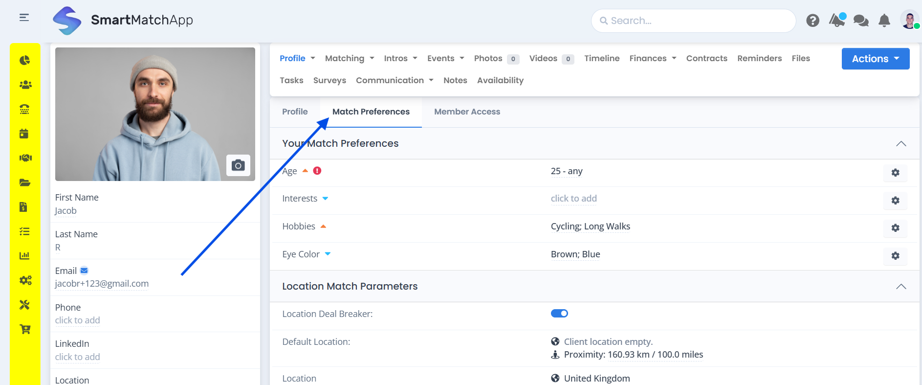 Match preference fields describe what your client is looking for