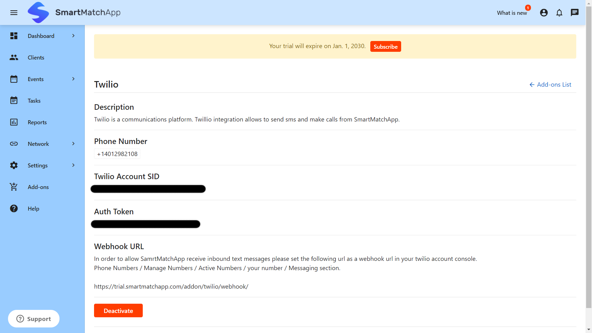 Twilio and SmartMatchApp integration settings screenshot