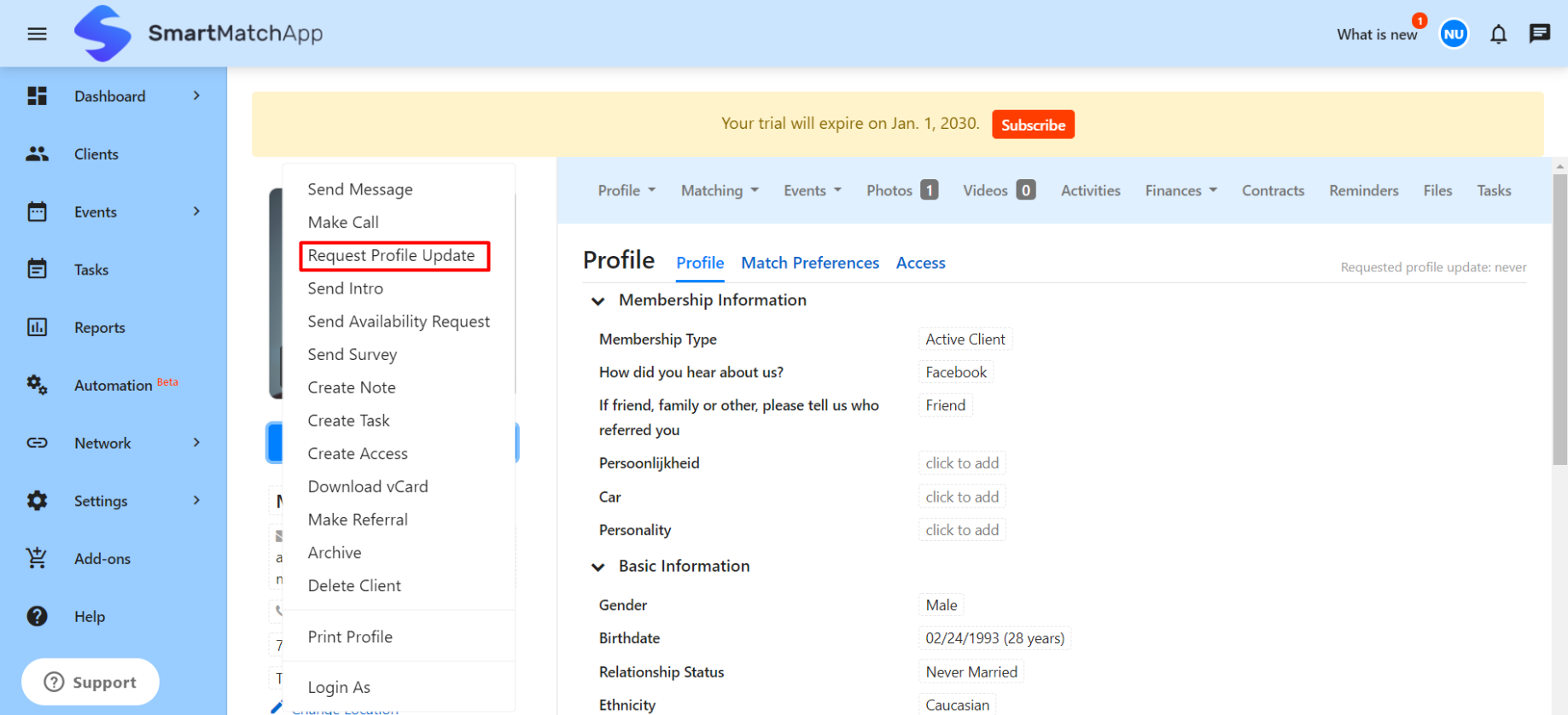 The Action menu in the client&rsquo;s profile