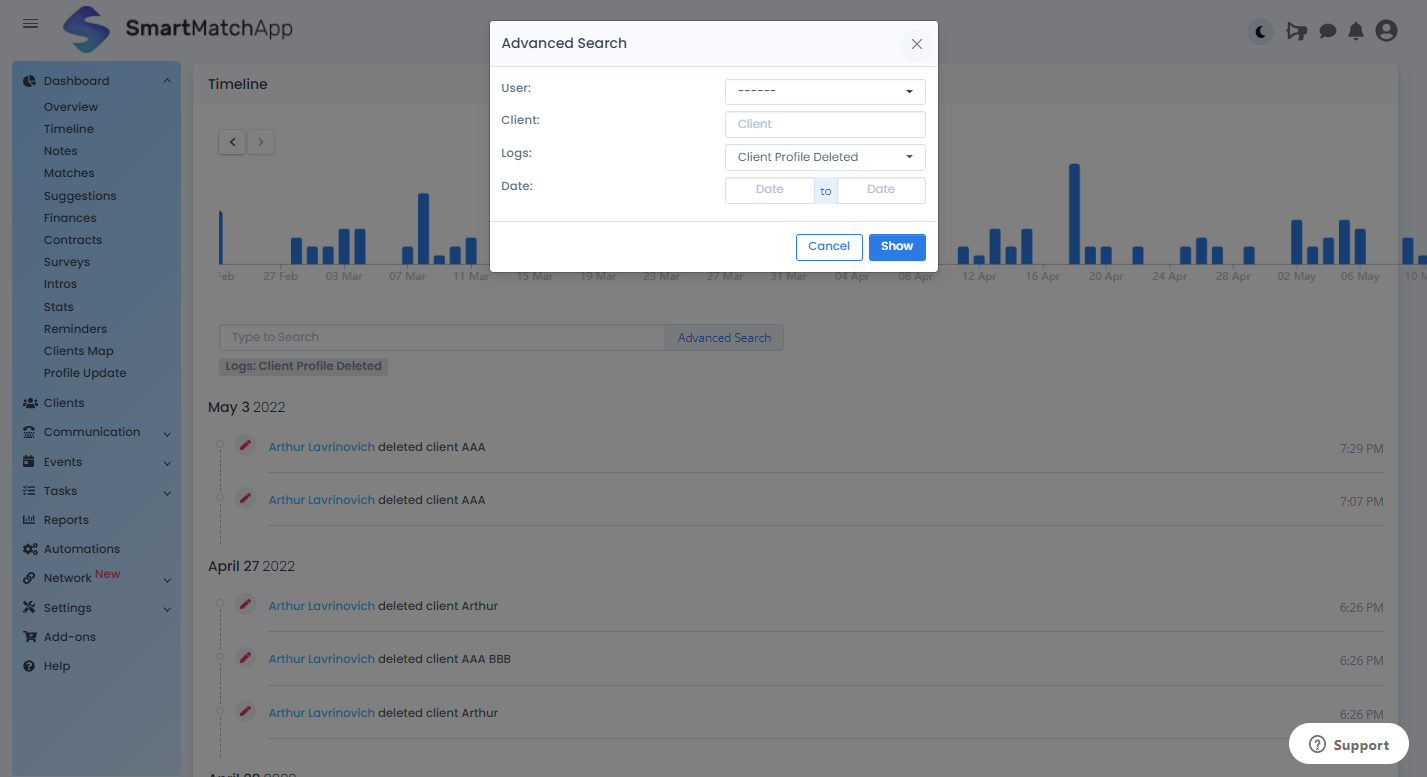 Timeline - An Innovative and Colossal Compilation of Logs and Activities in SmartMatchApp