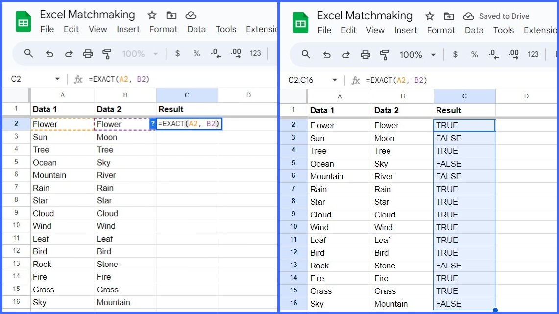 How to Match Data in Two Columns in Google Sheets Using the EXACT Function