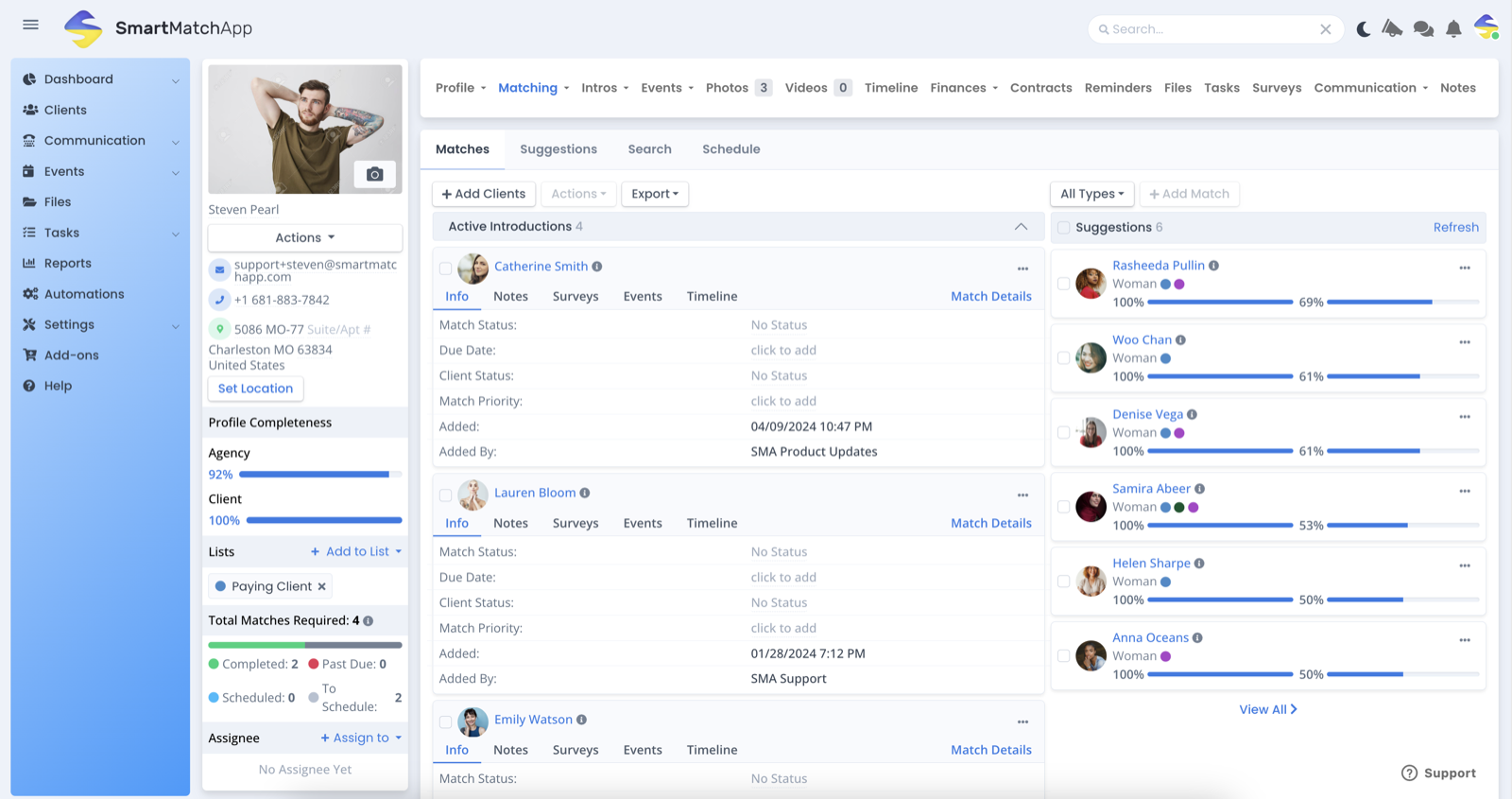smartmatchapp matchmaking software crm, new user interface on client profile