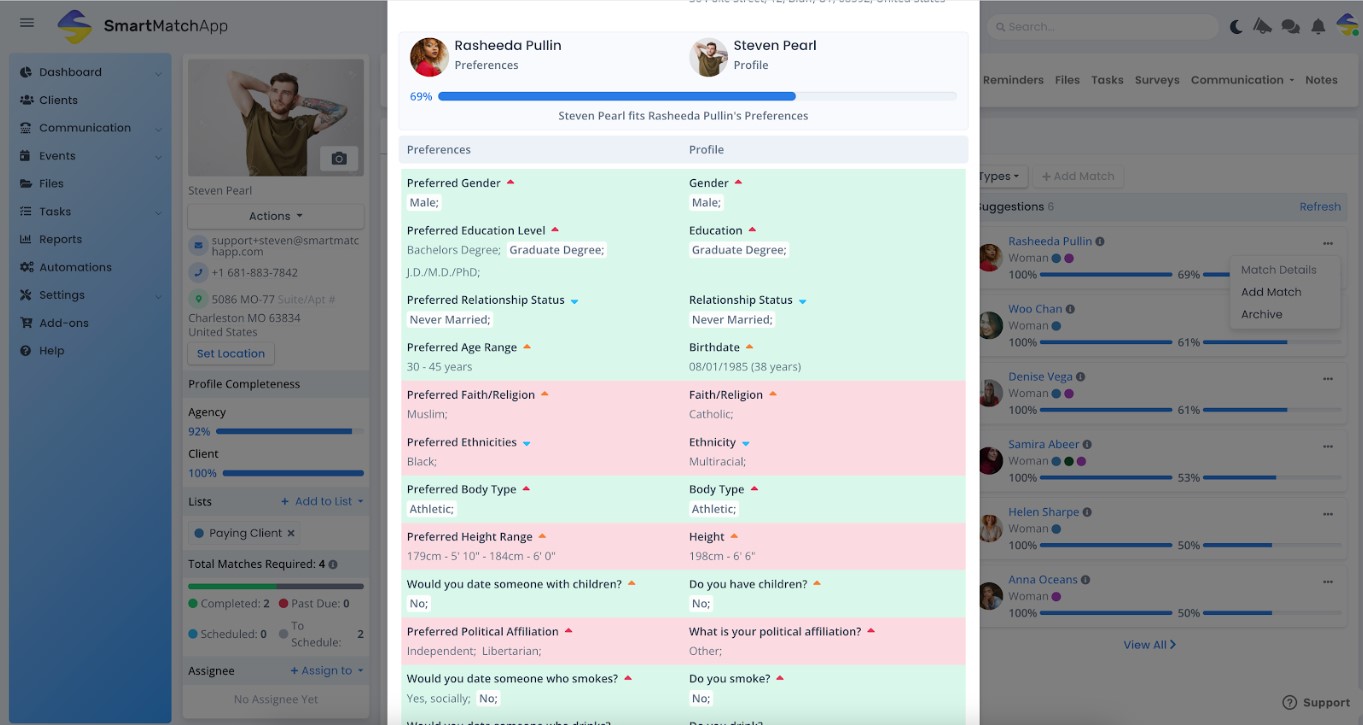 dating matchmaking software crm new user interface on client profile matching details section