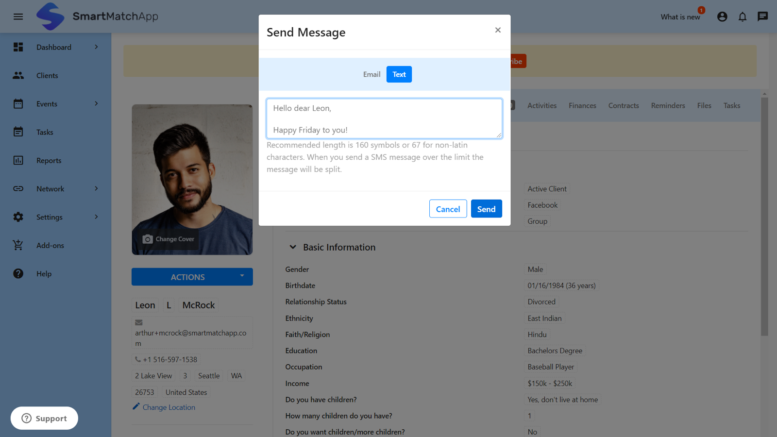 Texting a client right from your matchmaking database screenshot