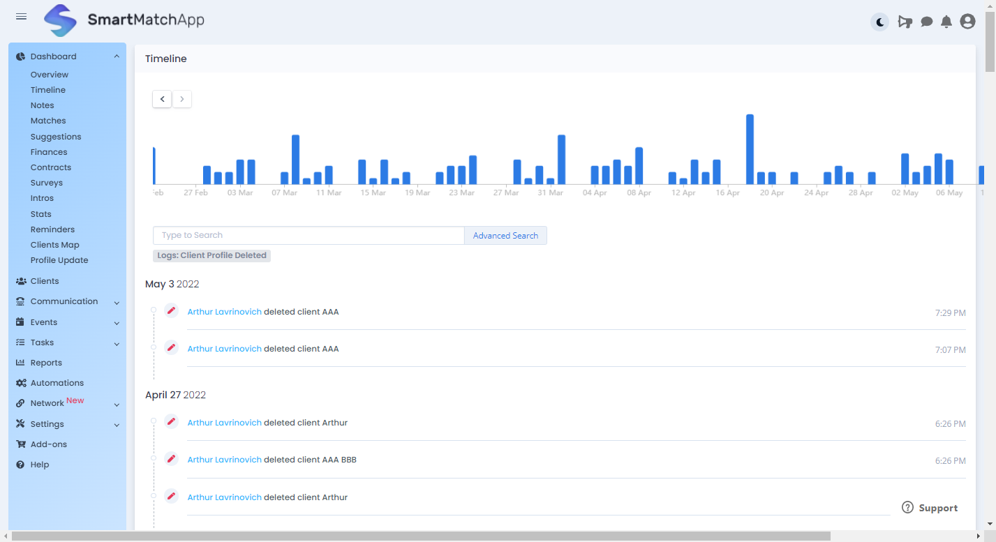 Timeline - An Innovative and Colossal Compilation of Logs and Activities in SmartMatchApp