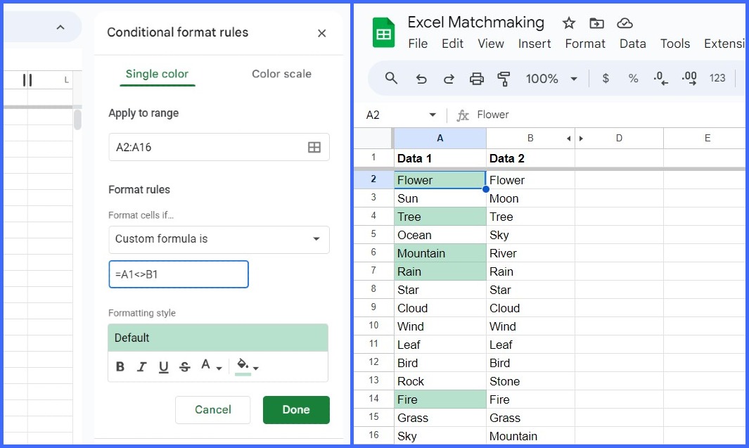 How to Check if Two Columns Match in Google Sheets with Conditional Formatting