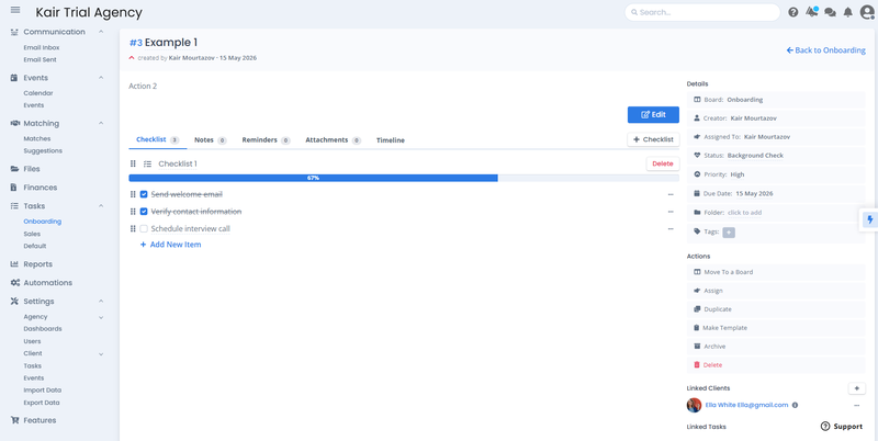 SmartMatchApp task detail view showing a checklist with 67% progress &mdash; two items completed (Send welcome email, Verify contact information) and one pending (Schedule interview call) &mdash; with linked client profile, priority, due date, and Move to Board action visible