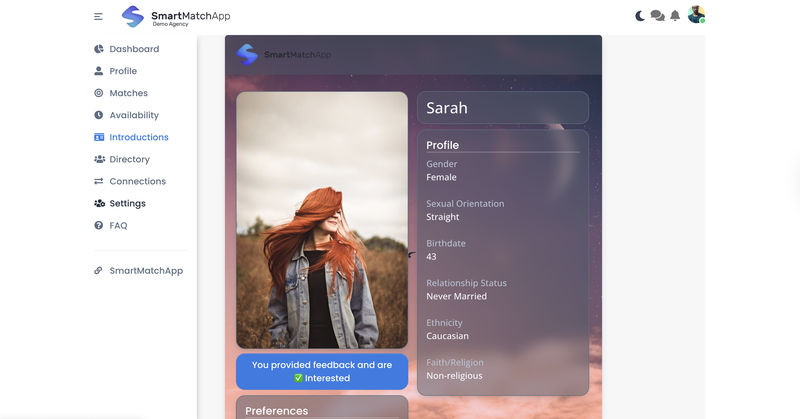 SmartMatchApp client portal showing an introduction card with member profile details and a feedback confirmation stating the member is Interested, demonstrating the post-introduction feedback loop