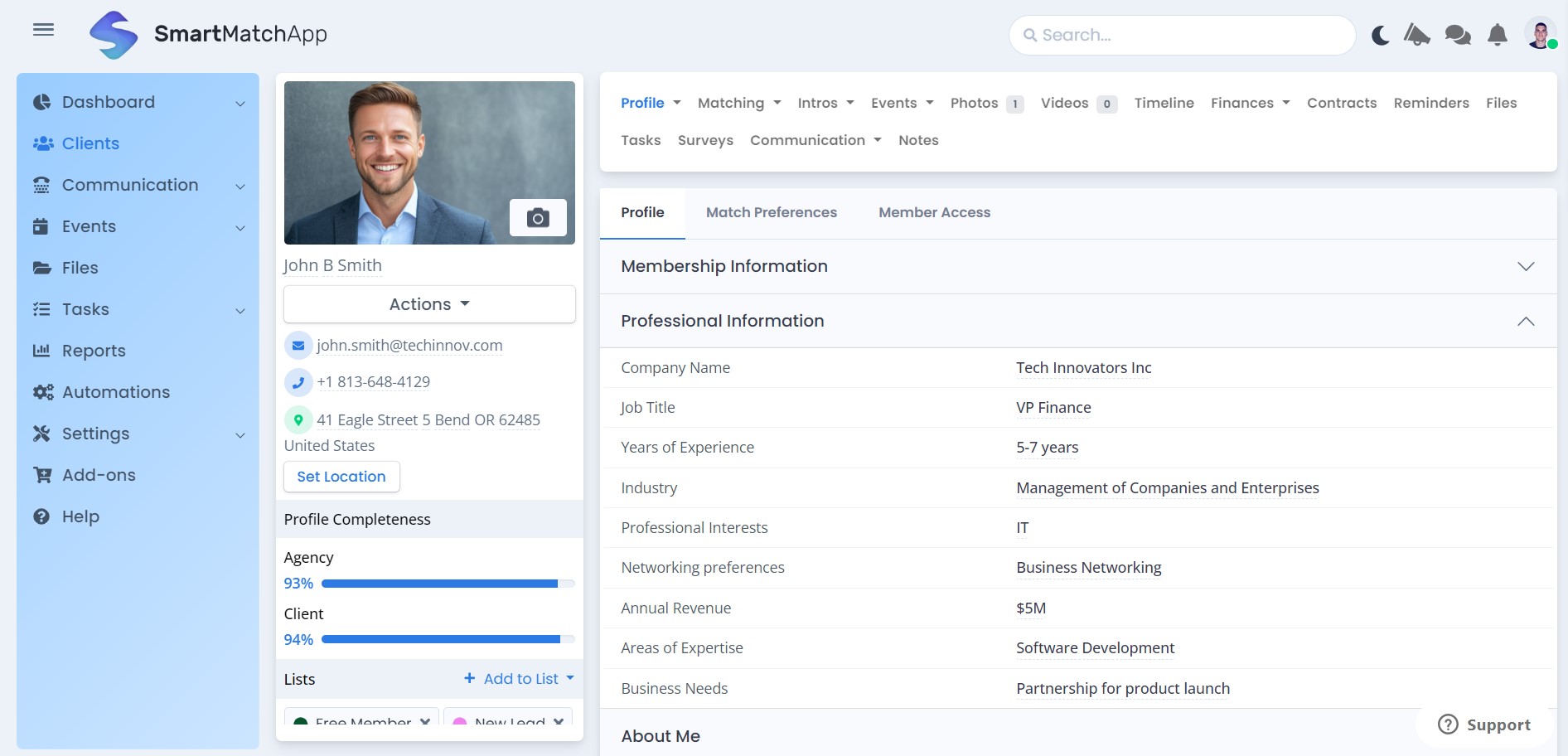 Imagem mostrando informações de perfil no software de matchmaking