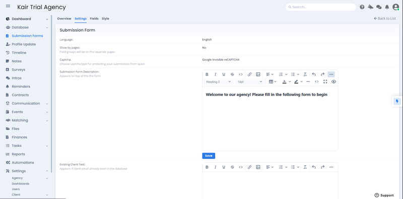 SMA submission form messaging settings.PNG SmartMatchApp submission form settings tab showing messaging configuration — language set to English, Google Invisible reCAPTCHA enabled, and a custom form description reading "Welcome to our agency! Please fill in the following form to begin" — with the Existing Client Text field visible below