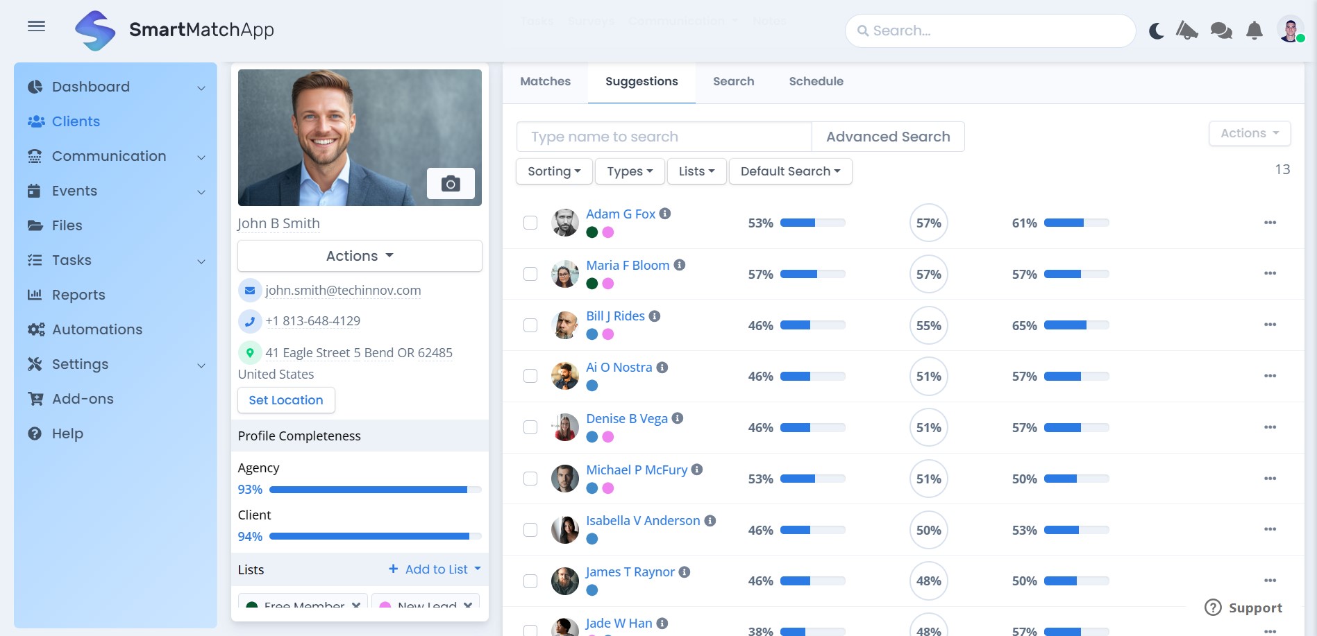 Imagem mostrando sugestões de correspondência dentro do software smartmatchapp