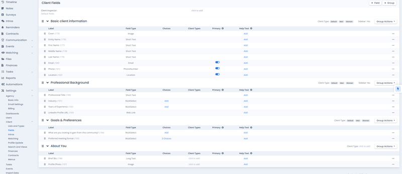 SmartMatchApp matchmaking CRM client fields panel showing a fully configured member profile database with categorized sections, multiple field types, and client type segmentation