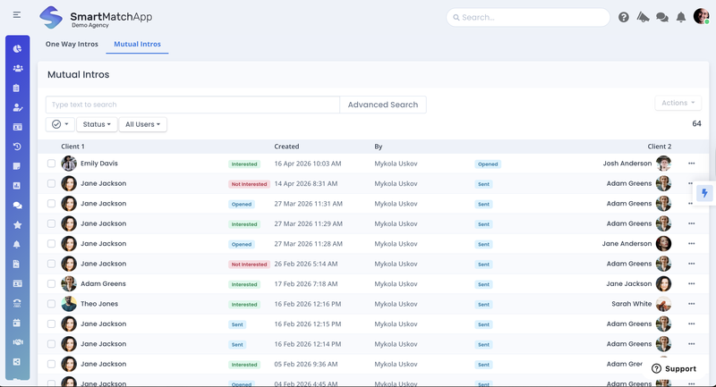 SmartMatchApp Mutual Intros dashboard showing a timestamped log of 64 active introductions with real-time status tracking including Interested, Opened, and Sent states across matched client pairs