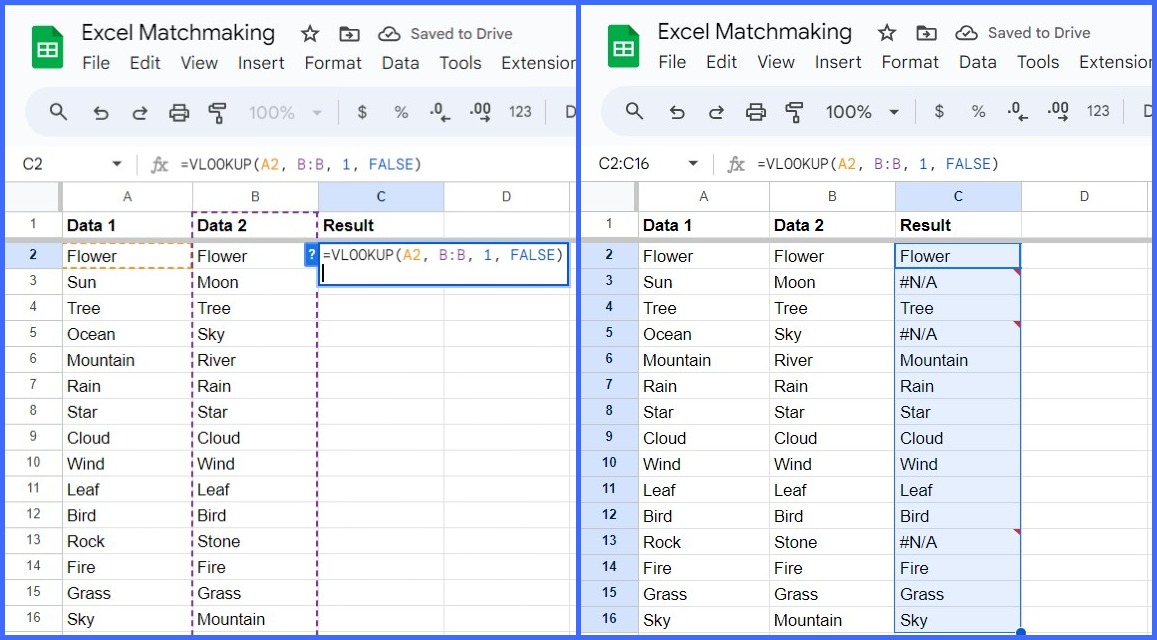 How to Match Up Two Columns in Google Sheets Using the VLOOKUP Function