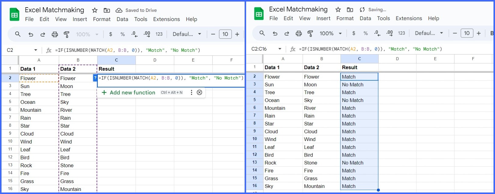How to Match Values in Two Columns in Google Sheets Using the MATCH Function