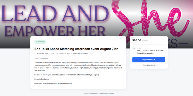 Pagina dell'evento di speed matching di SHE Talks in esecuzione su un sottodominio per eventi brandizzato di matchmaking