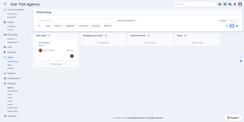 SmartMatchApp onboarding task board showing a Kanban view with four status columns &mdash; New Lead, Background Check, Initial Interview, and Done &mdash; with task filtering by Tag, Status, Assignee, and Advanced Search