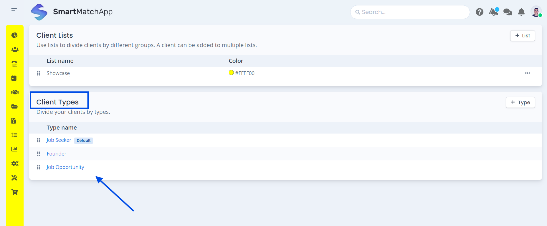 Use types to separate your database in SmartMatchApp (employee, founder, company)