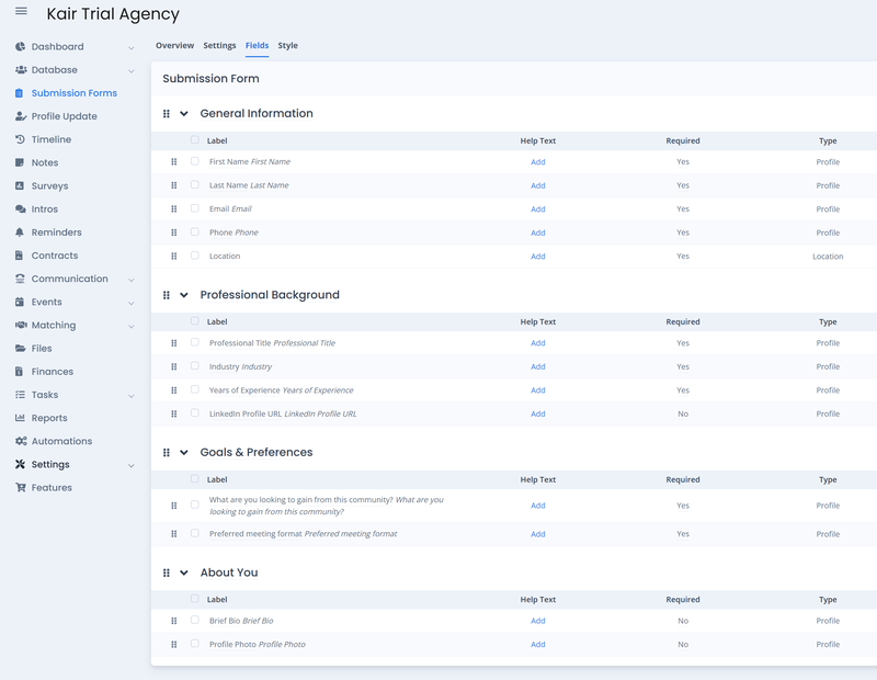 SMA sub form field tab.PNG SmartMatchApp submission form Fields tab showing four field groups — General Information (First Name, Last Name, Email, Phone, Location), Professional Background (Professional Title, Industry, Years of Experience, LinkedIn Profile URL), Goals & Preferences (community goals, preferred meeting format), and About You (Brief Bio, Profile Photo) — with Required status and field Type columns visible